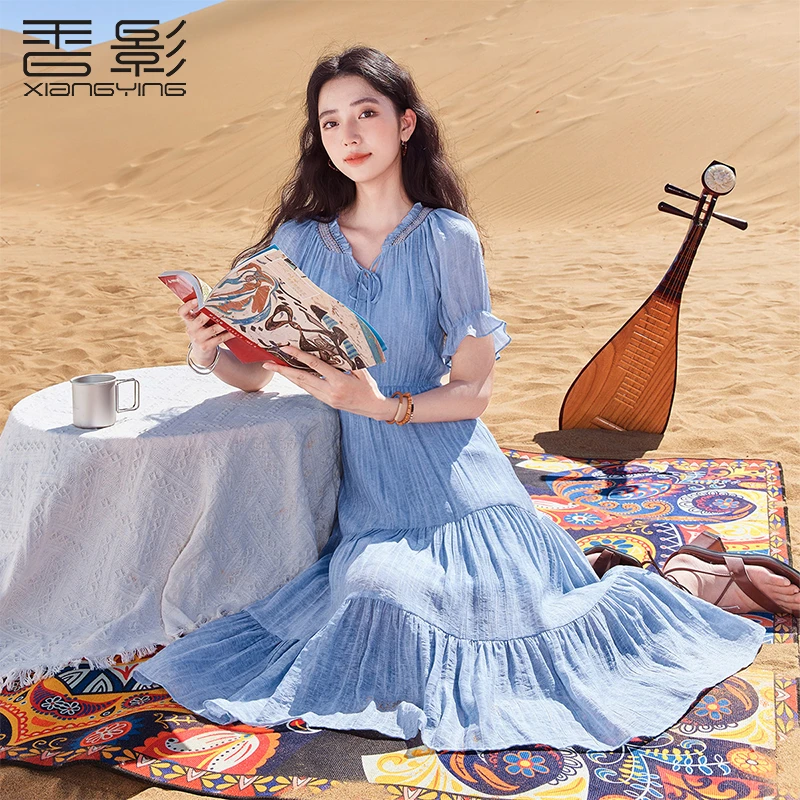 【粉丝专属】Q842476连衣裙 香影v领连衣裙女夏季新款木耳边系