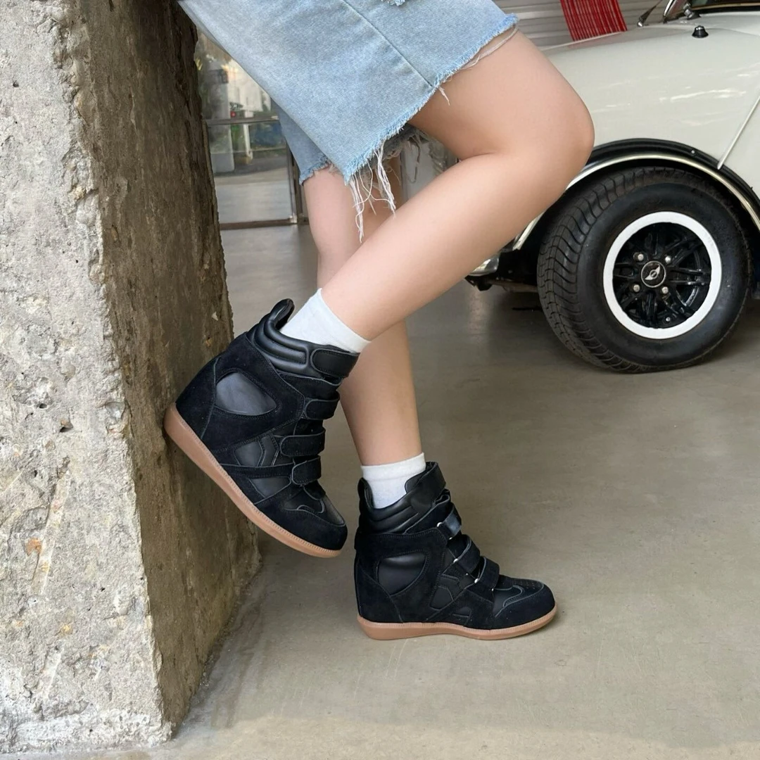8CM内真皮欧洲站高帮小白鞋女秋季新款魔术贴休闲运动鞋