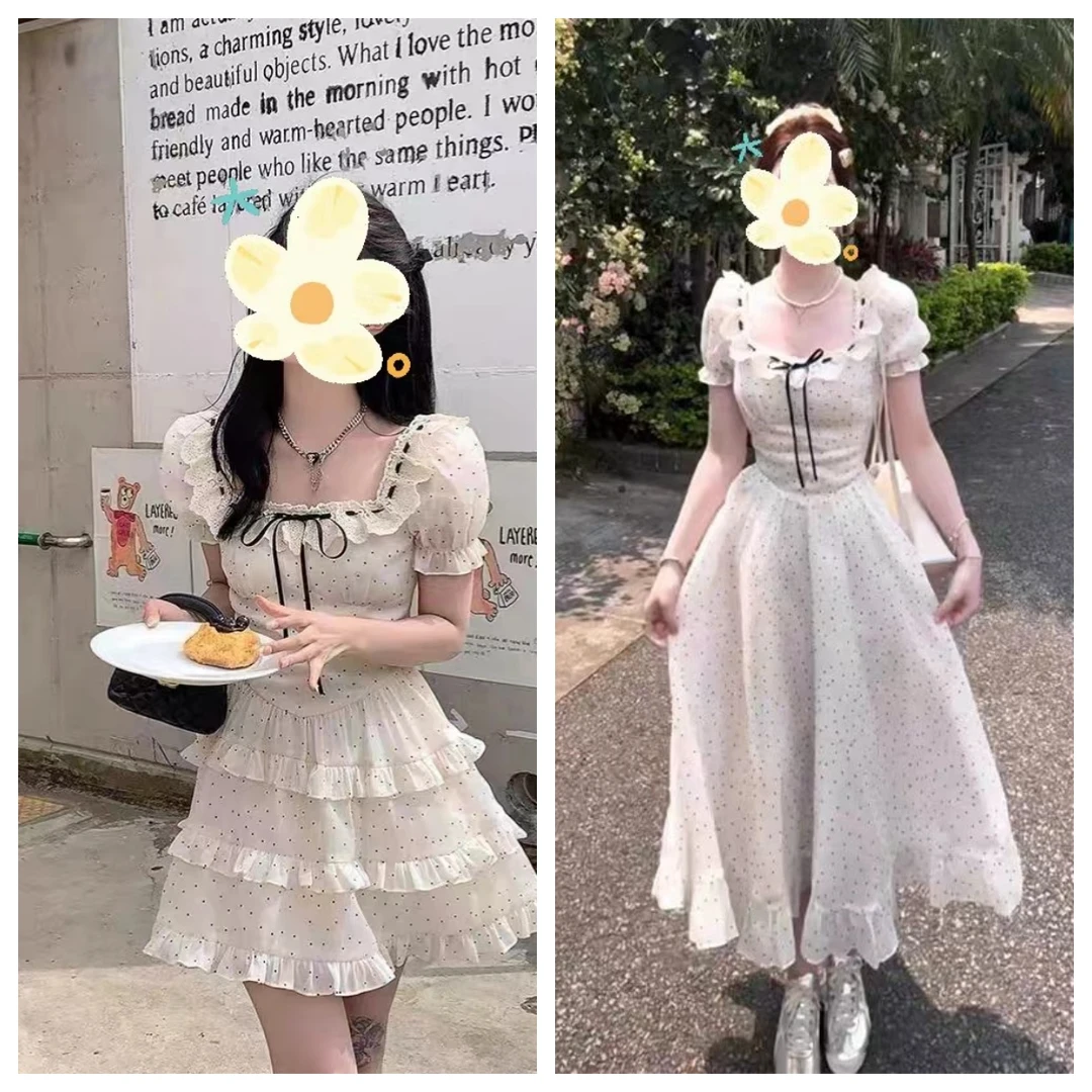法式甜美温柔风波点蛋糕蓬蓬长裙女夏季生日礼服收腰显瘦连衣裙