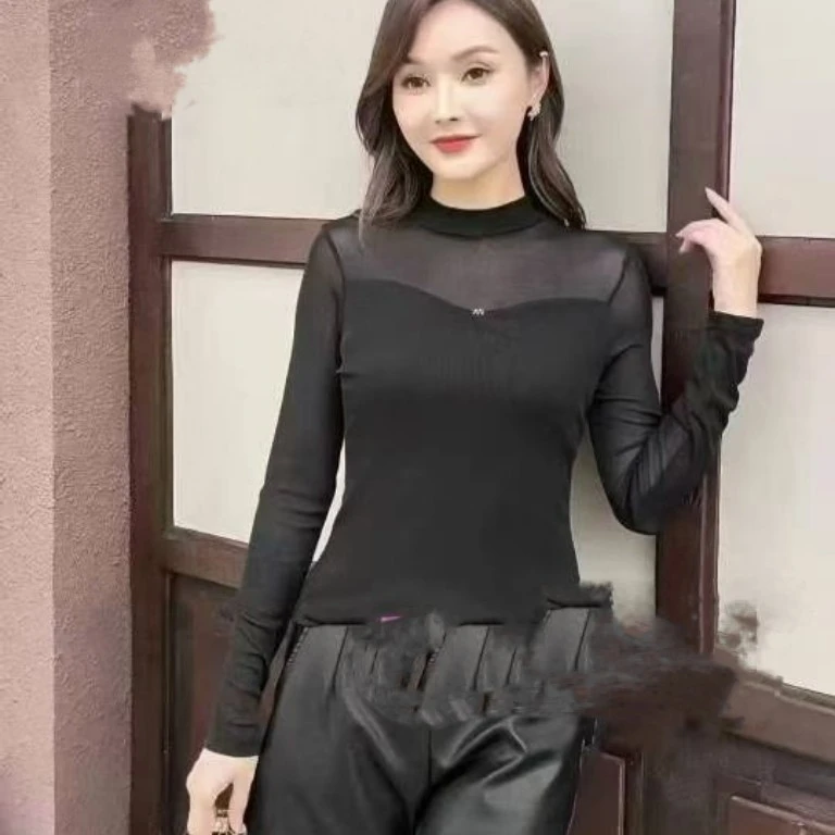 米莱家修身长袖休闲风半高领常规款T恤蕾丝女士百搭时尚