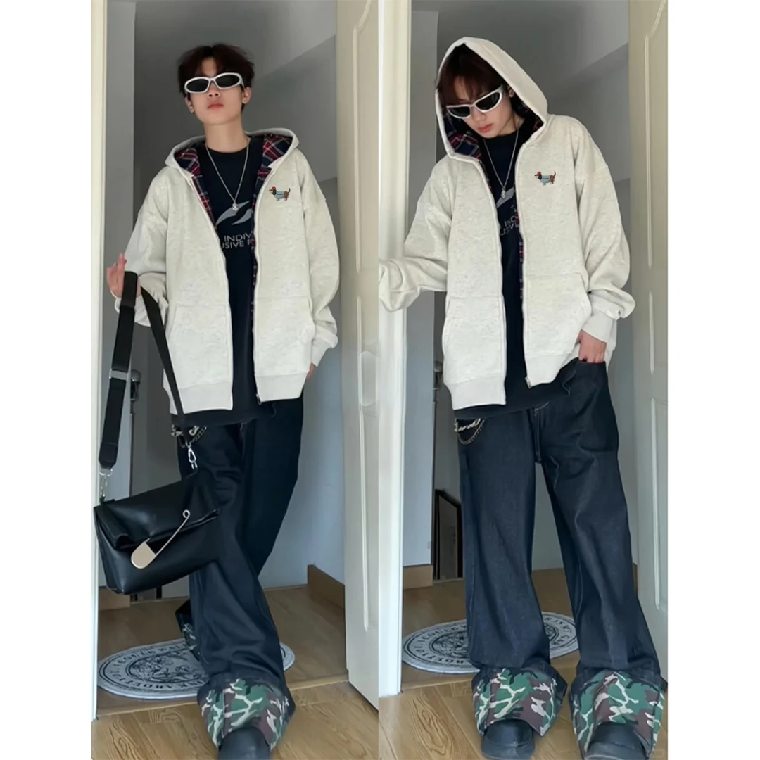 美式个性小狗印花格子拼接开衫卫衣男女秋冬美式宽松连帽拉链外套