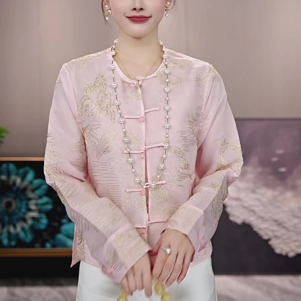 新中式休闲气质圆领长袖百搭复古国风显瘦桑蚕丝薄款刺绣女士上衣