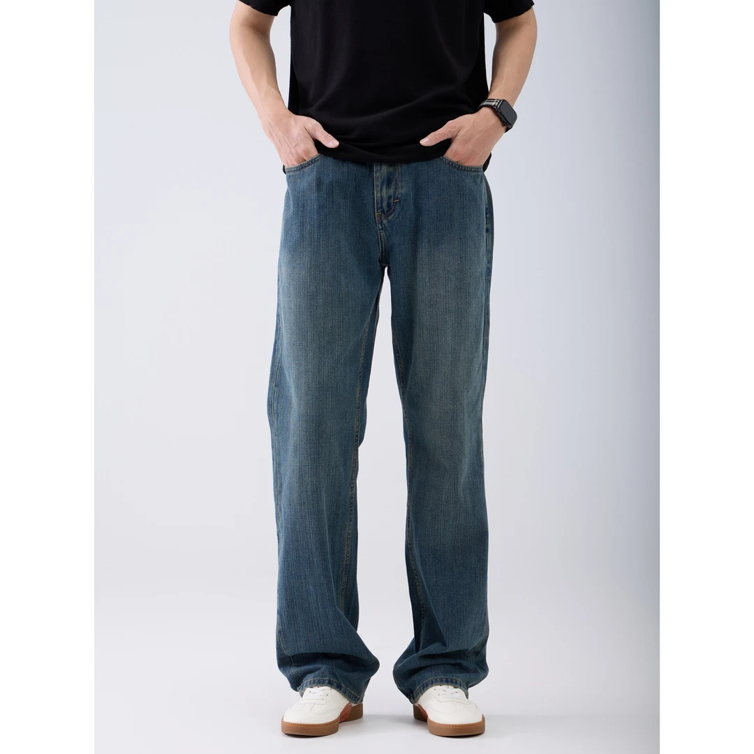 怪兽实验室经典复古12盎司竹节纹美式休闲直筒微锥版型水洗牛仔裤