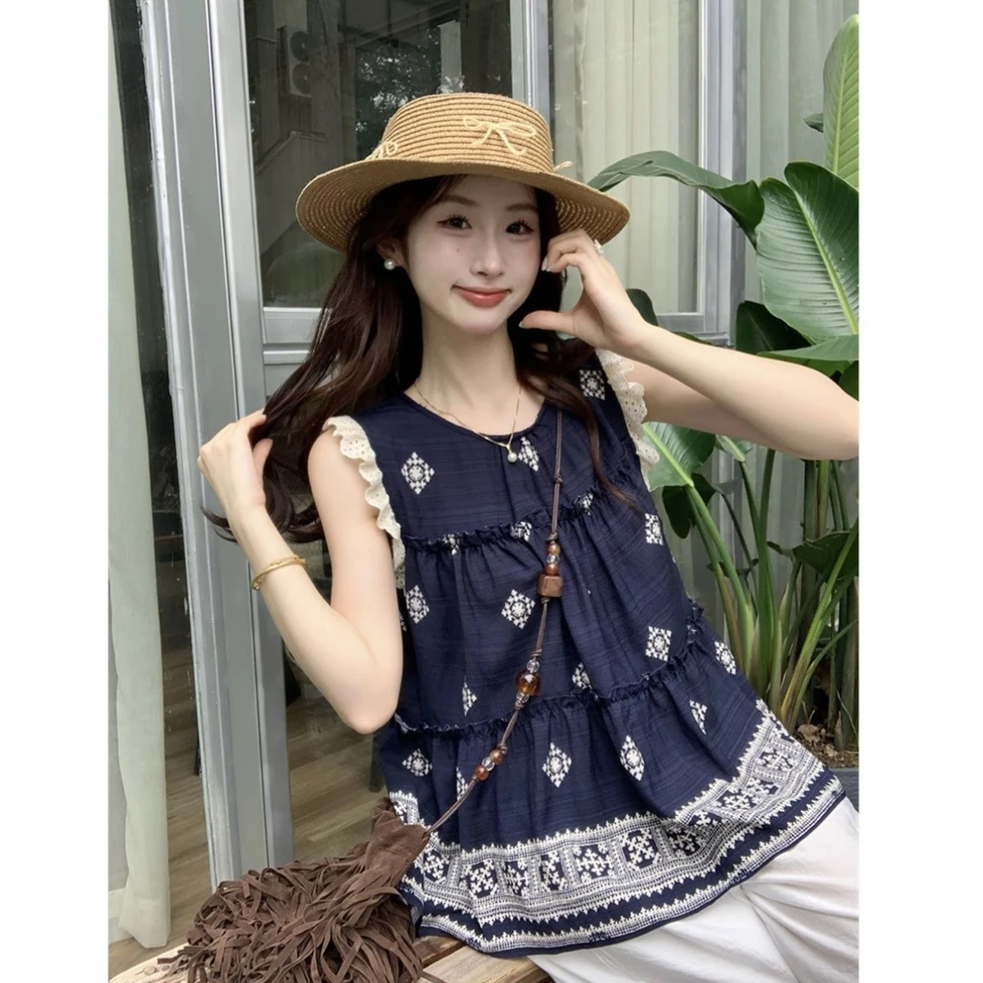国风刺绣花边飞飞袖衬衫女夏季设计感小众气质宽松无袖娃娃衫上衣