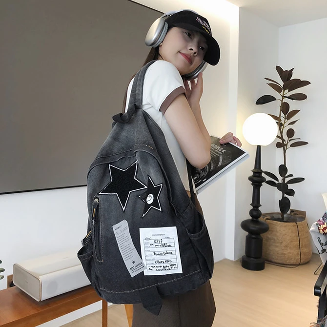 新款原创渐变牛仔星星双肩包初高中大学生古着感书包百搭旅行背包