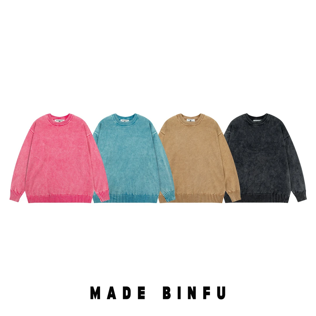 BINFU新款男女同款洗水纯色圆领毛衣