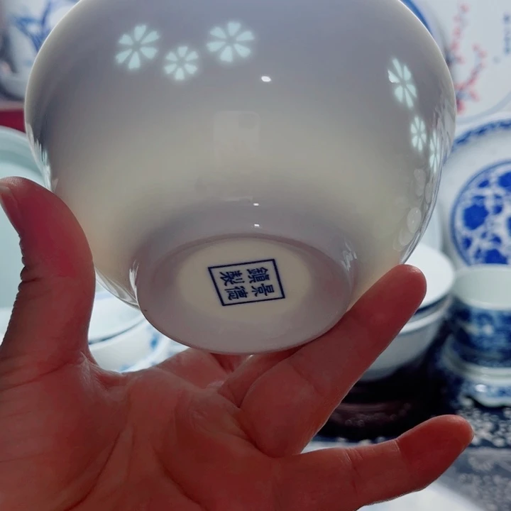 青花玲珑5寸饭碗三星花素玲珑