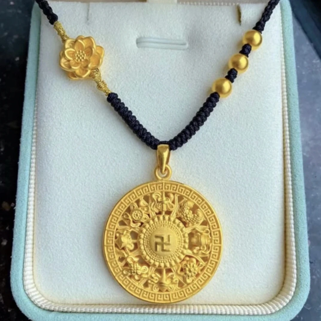 足金金珠莲花八宝罗盘吊坠时尚编织双面传承精美素款纯手工编绳