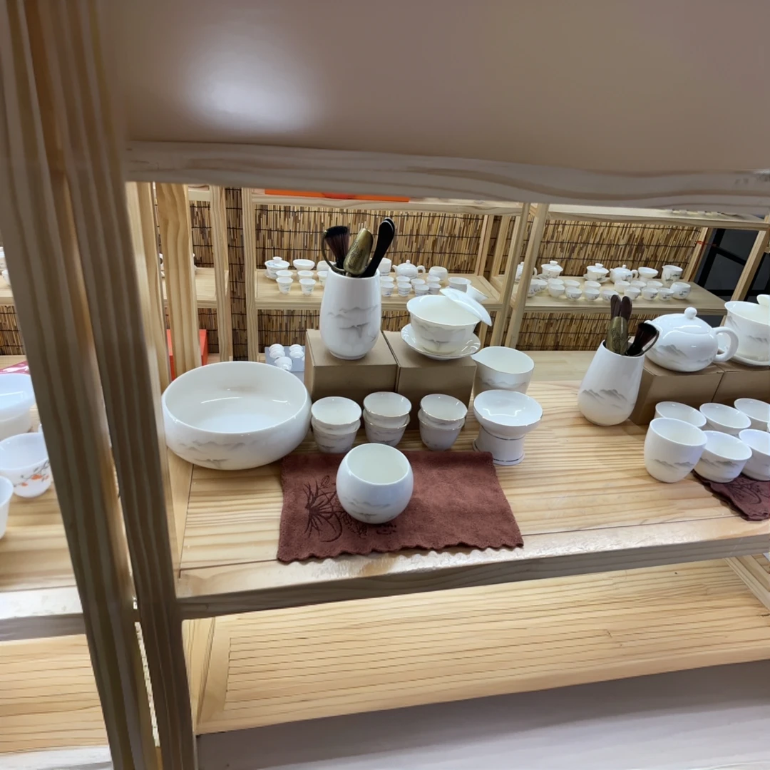 水墨轻舟羊脂玉瓷19件套带茶洗六君子盖碗11头