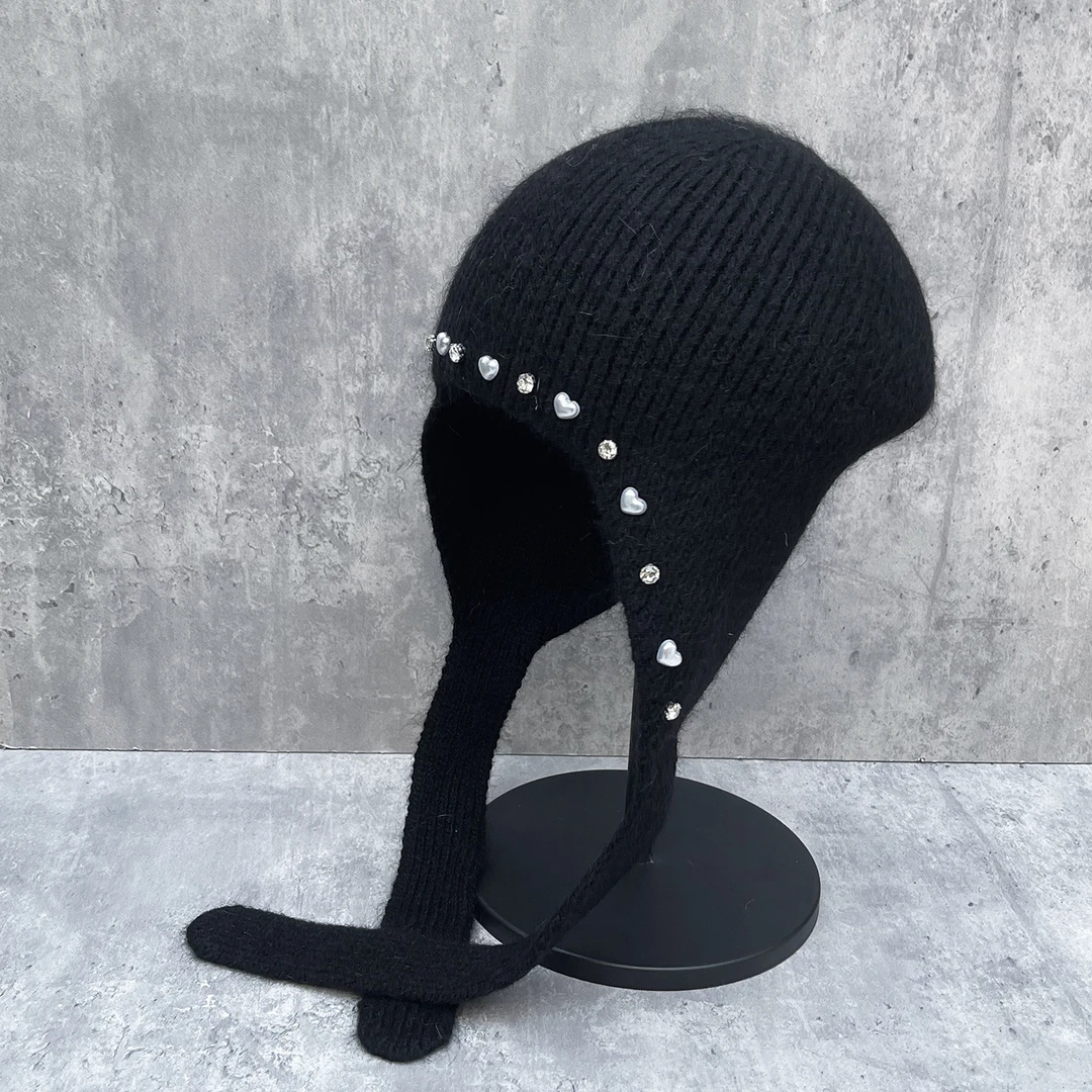轻奢珍珠水钻兔毛毛线帽女秋冬季时尚百搭护耳针织帽保暖包头冷帽