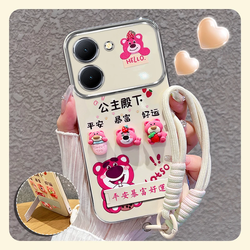 适用【vivoy100】手机壳粉色草莓熊大视窗折叠支架硅胶防摔女款可爱