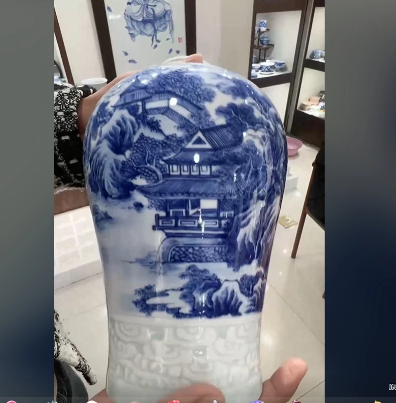 景德镇国营好瓷推荐官吴小琴影青雕刻青花山水画片梅瓶014