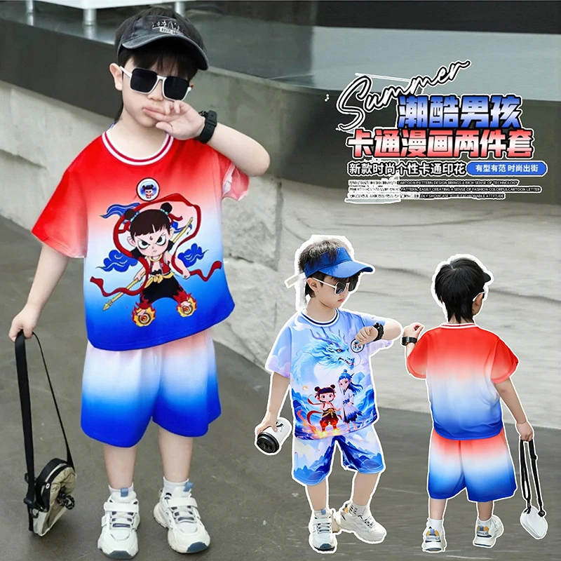 夏季冰丝速干套装哪吒短袖休闲运动服男女童薄款