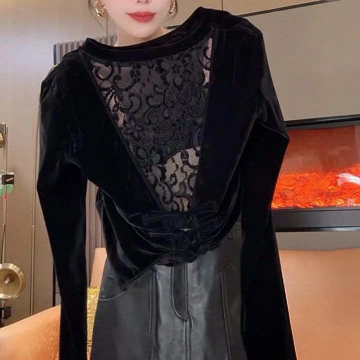 时尚性感蕾丝美背长袖修身显瘦黑色气质洋气上衣