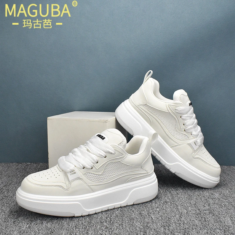 玛古芭板鞋简约厚底韩版皮面小白鞋新款透气潮流低帮百搭休闲男鞋