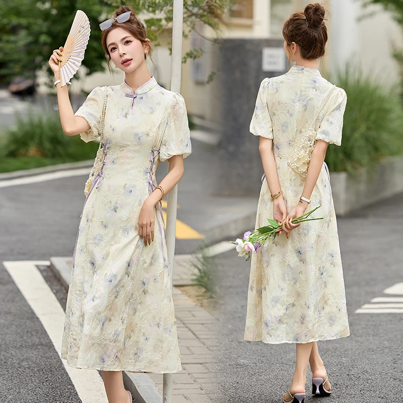 新中式蕾丝刺绣改良旗袍裙女2025夏季新款复古国风修身中长款裙子