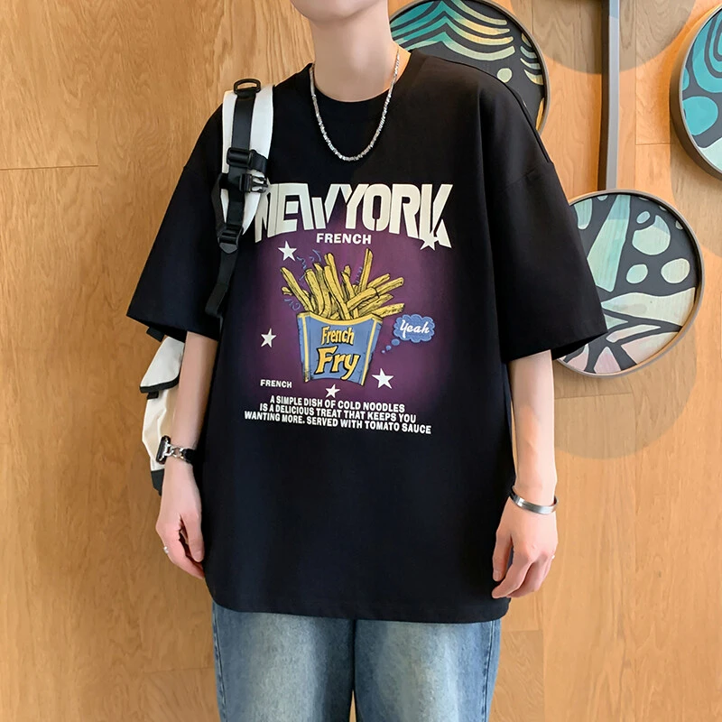 青少年印花短袖夏季新款T恤阔版t恤上衣五分袖男生帅气韩版半袖潮