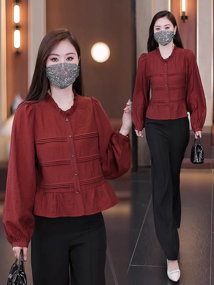法式气质减龄木耳花边领衬衫开衫2025秋季新款时尚宽松遮肚子显瘦