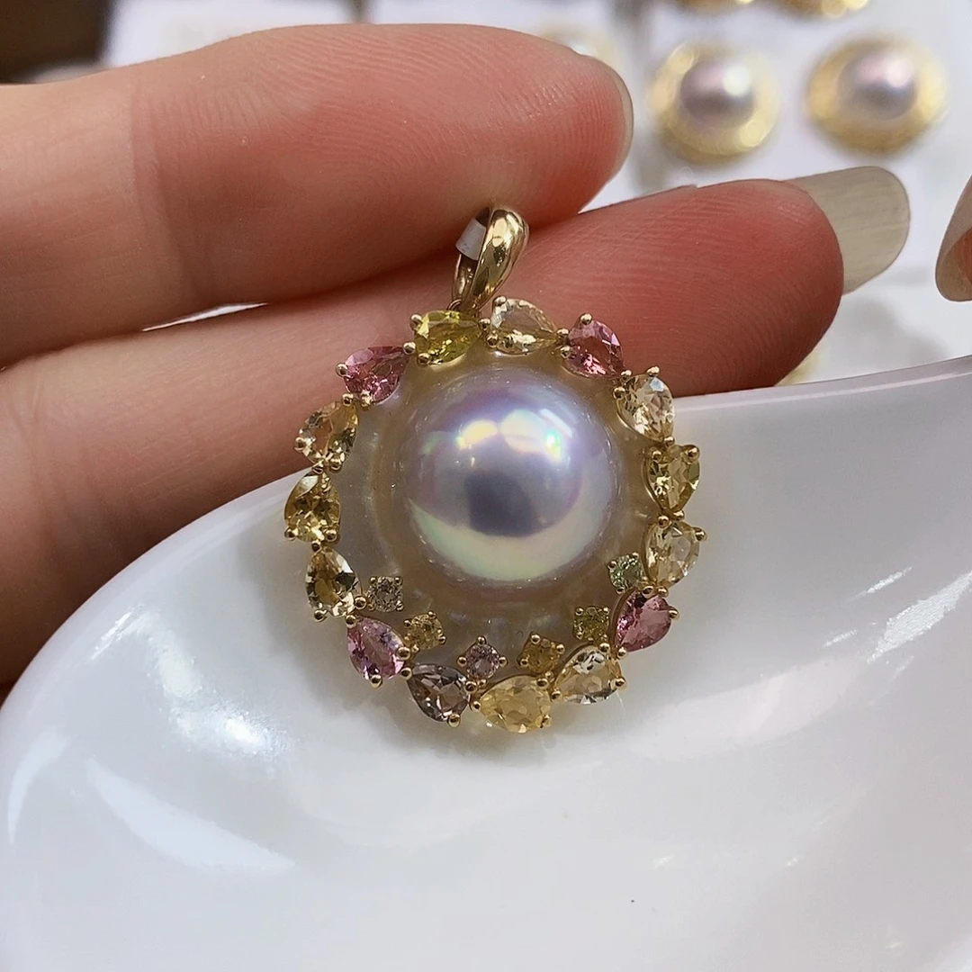 18K金镶嵌18k金日本原装成品马贝极光炫彩粉泡泡拼合珍珠（