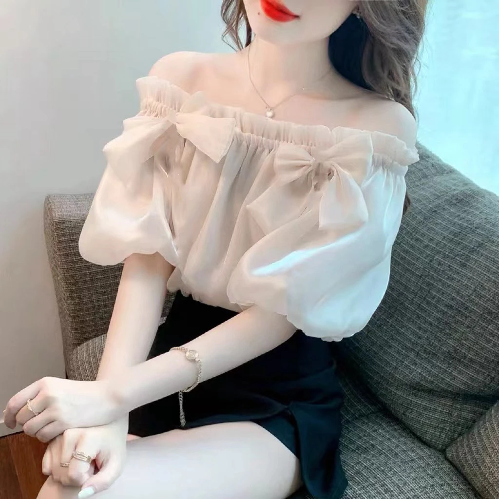 蝴蝶结泡泡袖雪纺衬衫女士夏季2025新款上衣设计感小众法式衬衣春