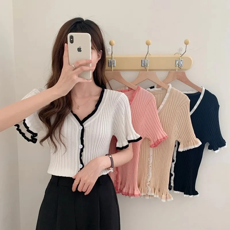 【编号951-1000】网红休闲百搭高弹针织少女短袖上衣小衫