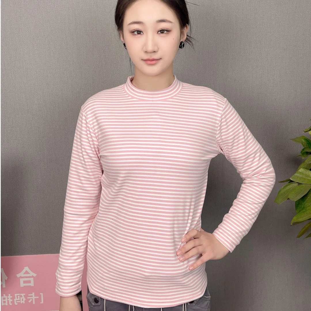 条纹长袖冬季打底半高领圆领女士春秋衫德绒双面磨毛保暖大码上衣