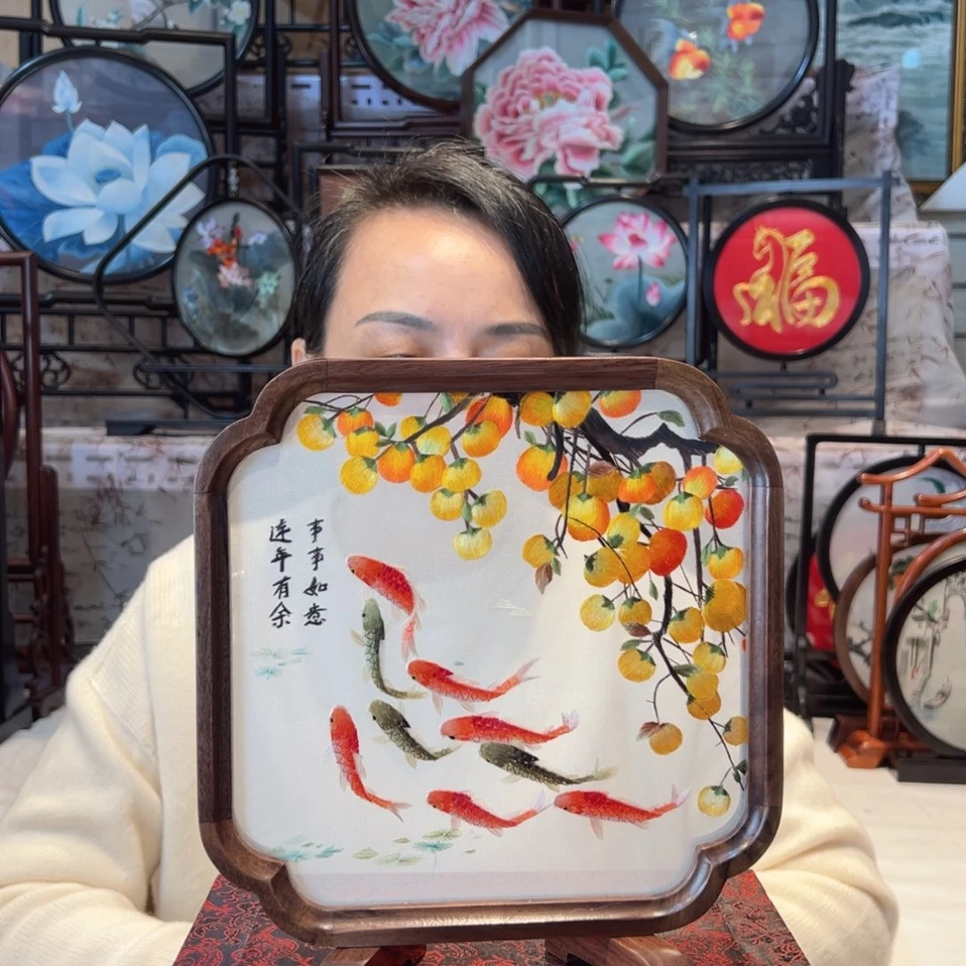 织绣苏绣摆台胡桃木手工双面