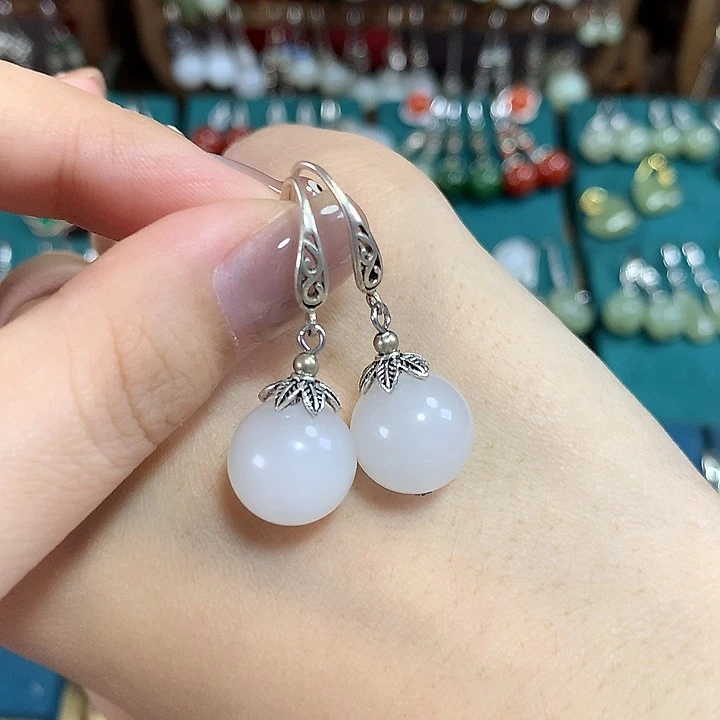 石英质玉（金丝玉）银S925镶嵌耳饰卡12左右