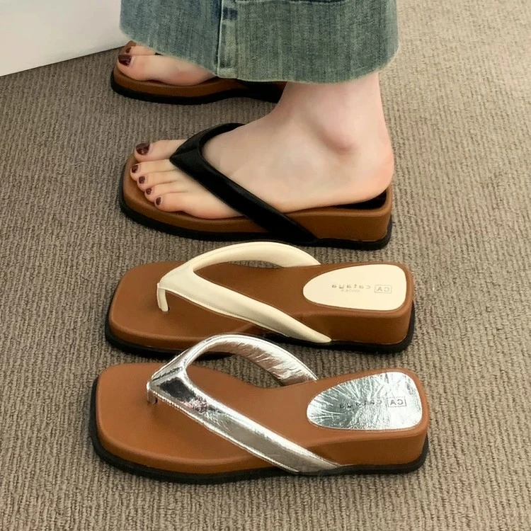 坡跟百搭夹脚外穿新款夏季方头复古休闲人字拖鞋H01