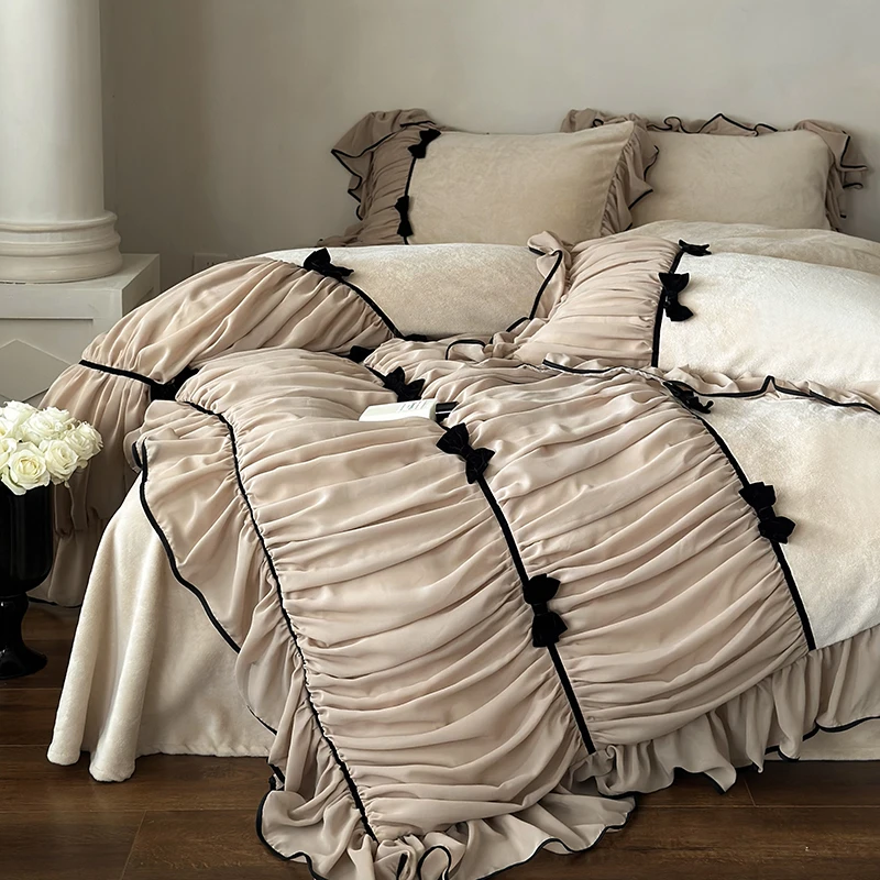 法式少女心蝴蝶结冬季牛奶绒四件套保暖加厚复古被套床单床上用品