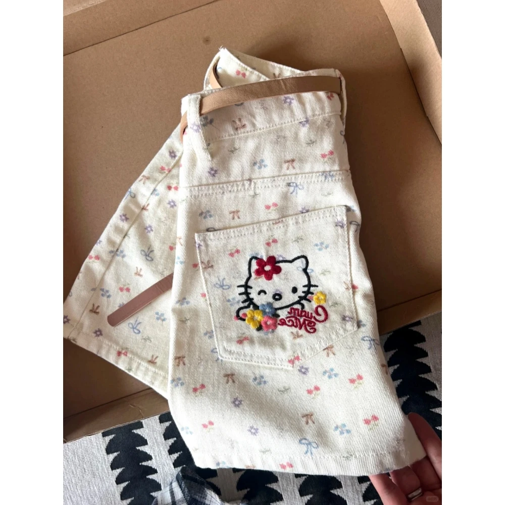 美式复古碎花牛仔短裤2025春季新款小众猫咪刺绣印花高腰休闲裤子