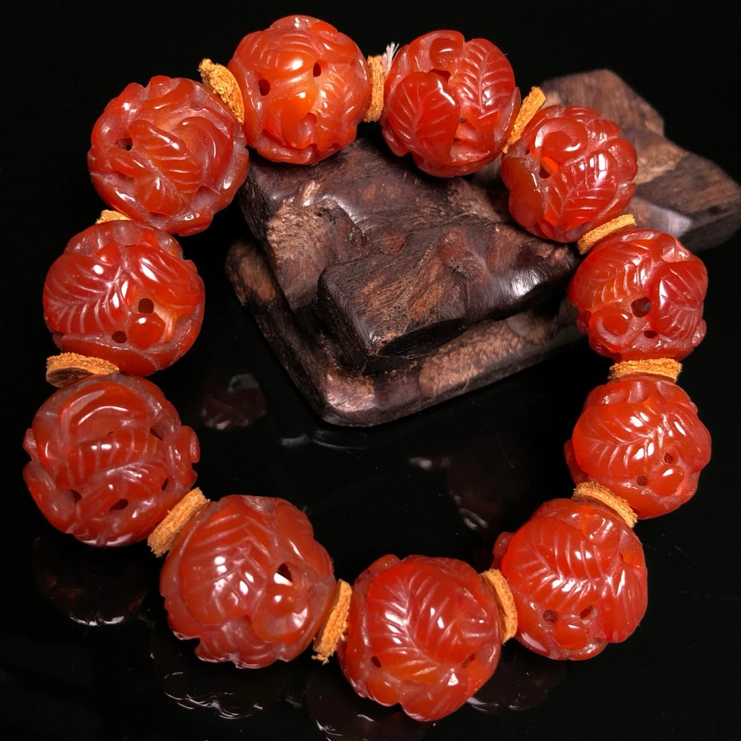 精品老玛瑙镂空工艺松鹤延年手串包浆浑厚老气