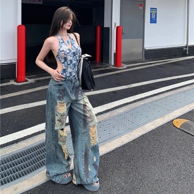 做旧废土风破洞牛仔裤女夏季新款设计感宽松阔腿显瘦直筒拖地裤子