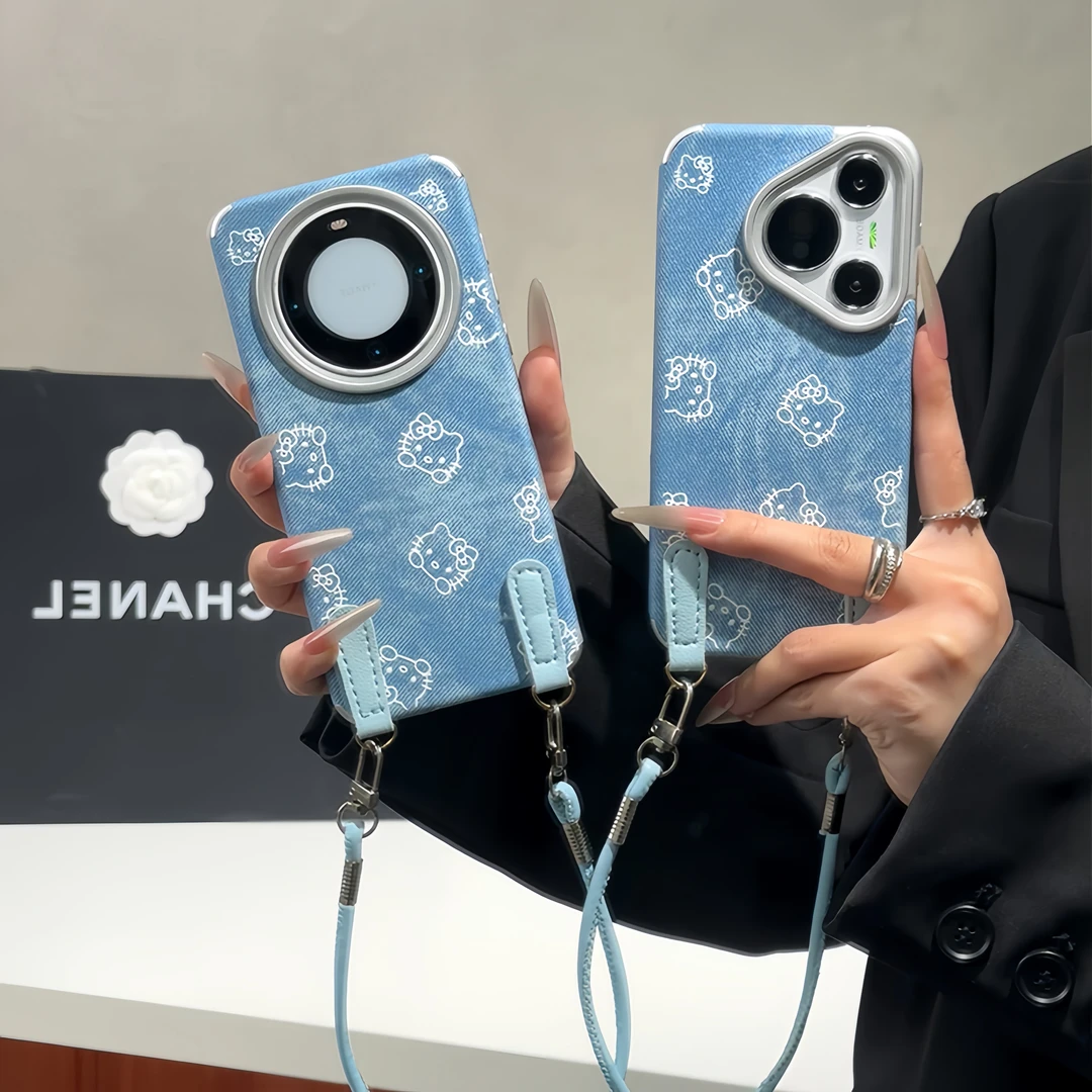 雅天立简约牛仔纹线条KT适用苹果17/16挂绳手机壳华为vivoppo小米