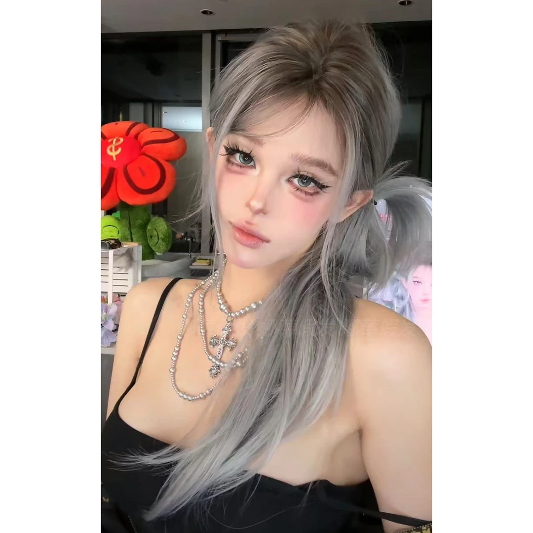 小圆-【赛博银狐】自然灰白渐变头顶染高层次小额蕾丝女生头套假发
