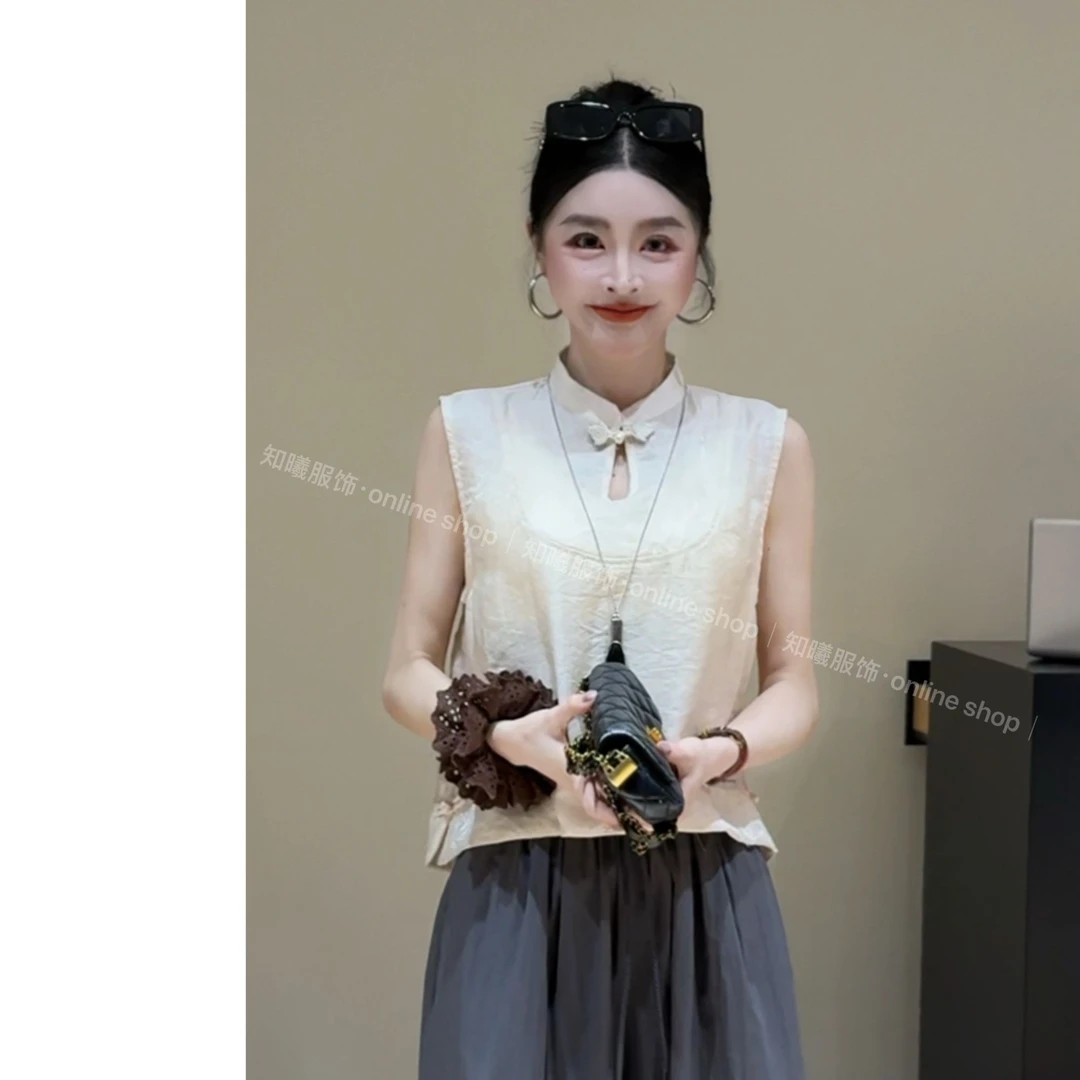 2025夏季时尚中式盘扣镂空上衣设计感无袖百搭衬衫5120