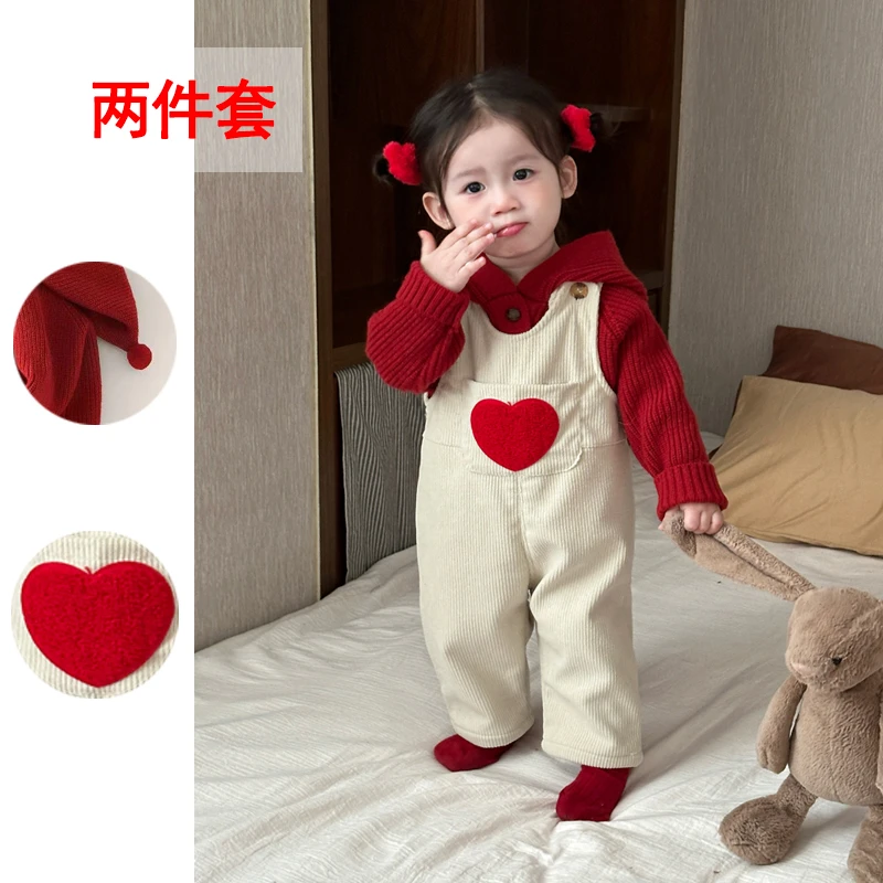 2025春季新款女童灯芯绒背带裤套装婴幼儿加绒连体裤子毛衣两件套