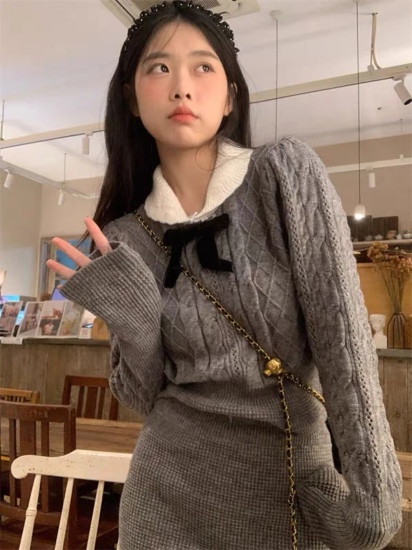 051秋冬新款甜辣妹灰色简约减龄小众通勤长袖上衣高腰半身裙套装