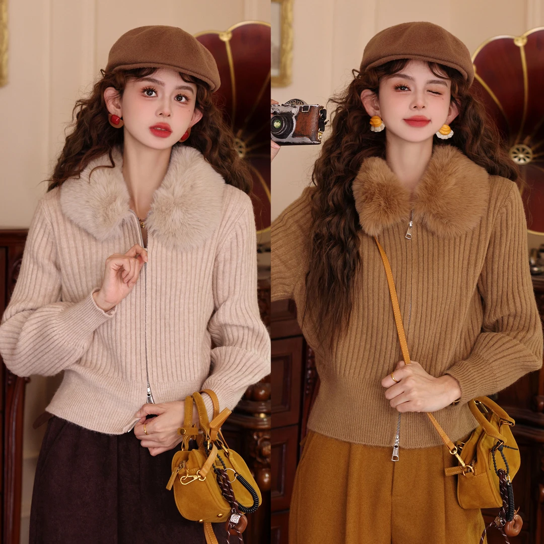 陈大器【琥珀晨昏】港风复古毛领拉链休闲保暖毛衣针织衫JQ8253238