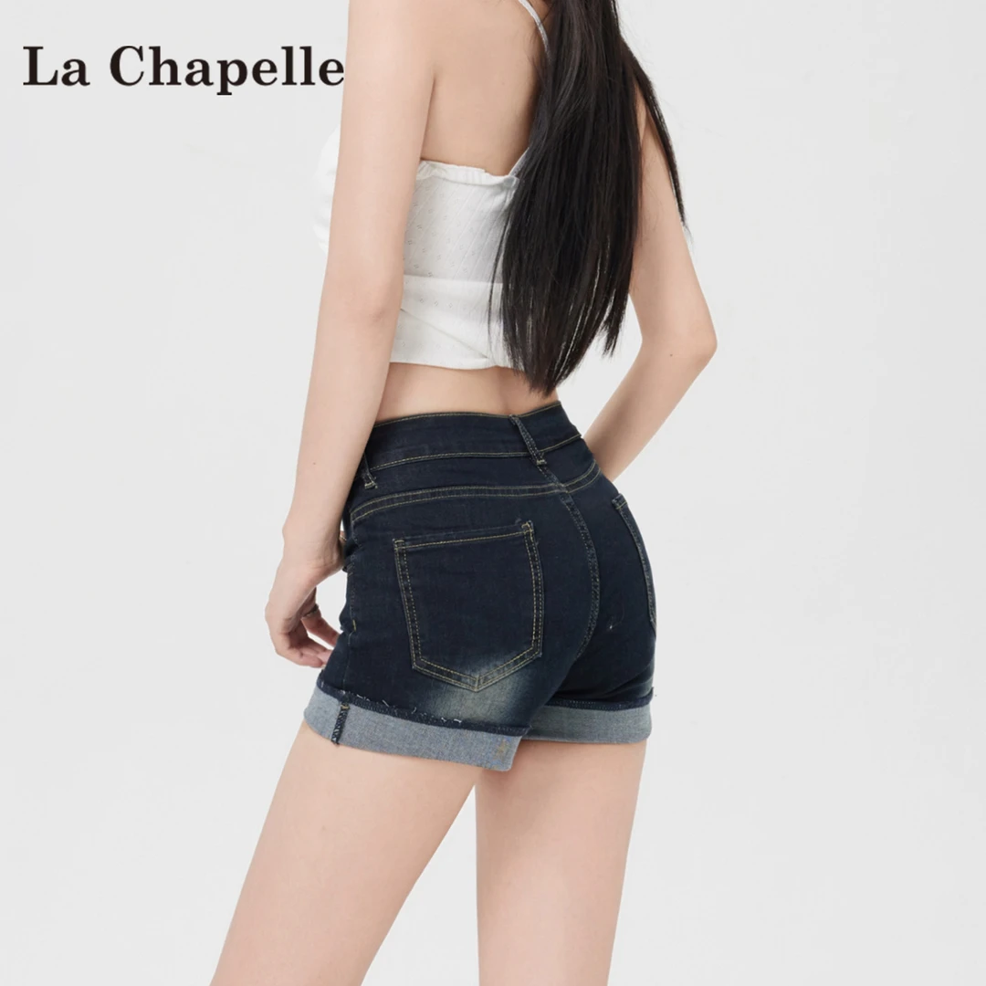 拉夏贝尔高腰卷边牛仔短裤女2025年夏季新款紧身显瘦包臀辣妹热裤