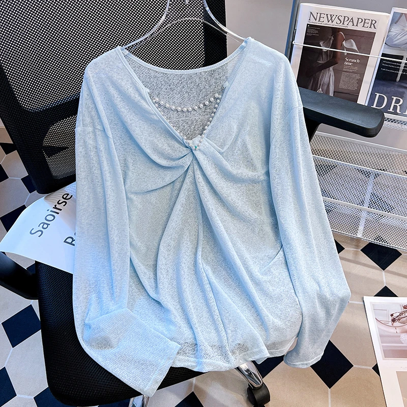 2025夏季新款时尚露背蝴蝶结T恤女夏季薄款宽松防晒罩衫长袖上衣