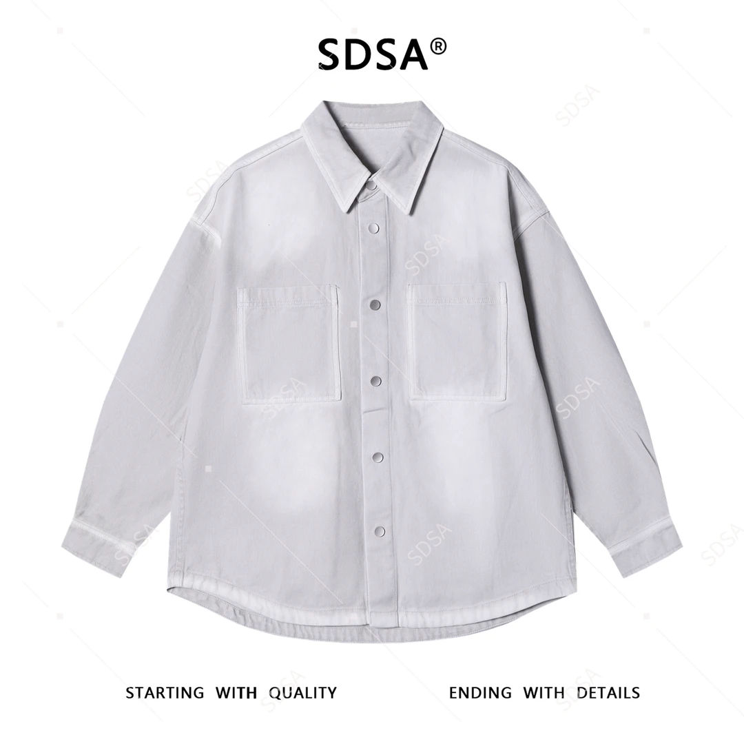 SDSA秋冬新款痞帅男装韩版做旧扎染纽扣翻领长袖衬衫百搭宽松衬衣