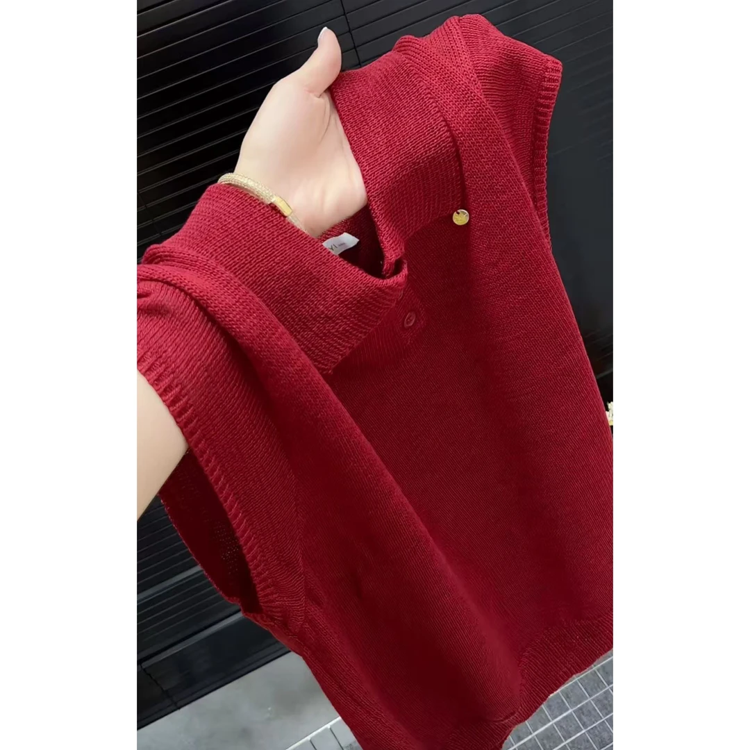 今年流行穿搭2025夏季新款温柔风毛针织衫纯色立领宽松无袖上衣