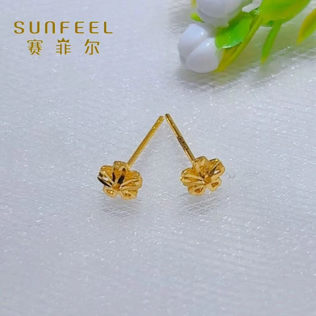SUNFEEL/赛菲尔黄金足金镂空花影花朵直针黄金耳饰璀璨闪耀5G精工