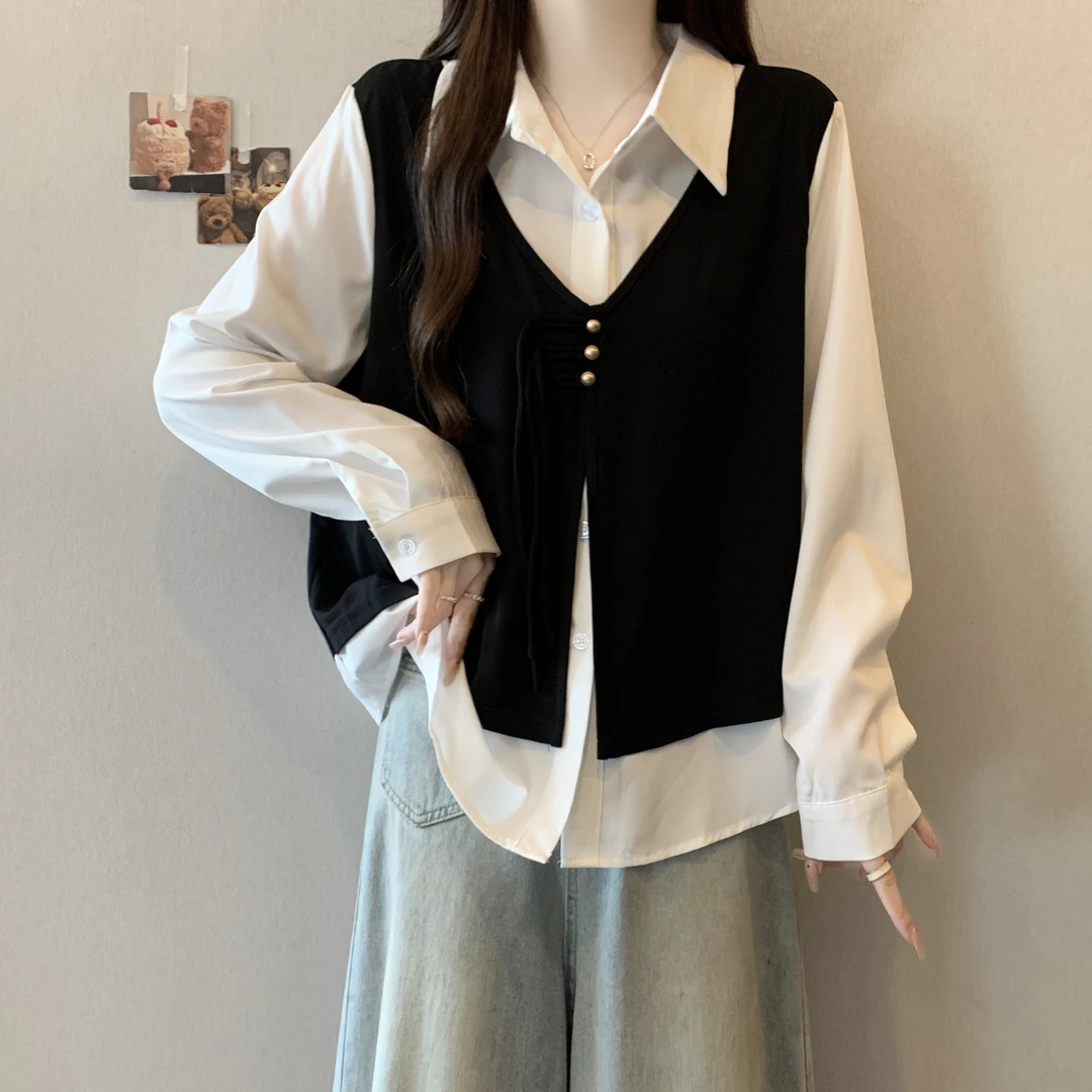 大码女装遮肚子假两件马甲拼接长袖衬衫女秋冬胖妹妹宽松显瘦上衣