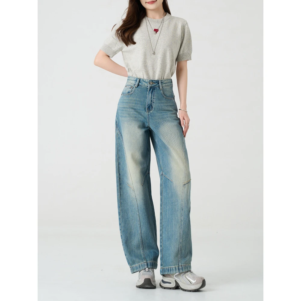 春季水洗弯刀裤中高腰牛仔裤复古美式直筒阔腿裤子宽松欧若风穿搭