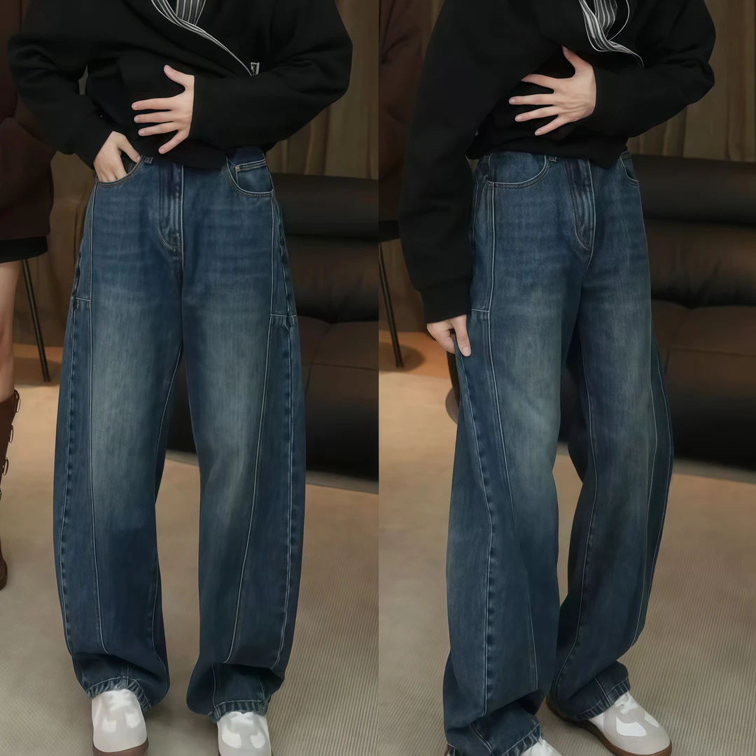 定染石磨洗时尚复古茧型弯刀休闲牛仔裤男士秋季潮牌宽松直筒长裤