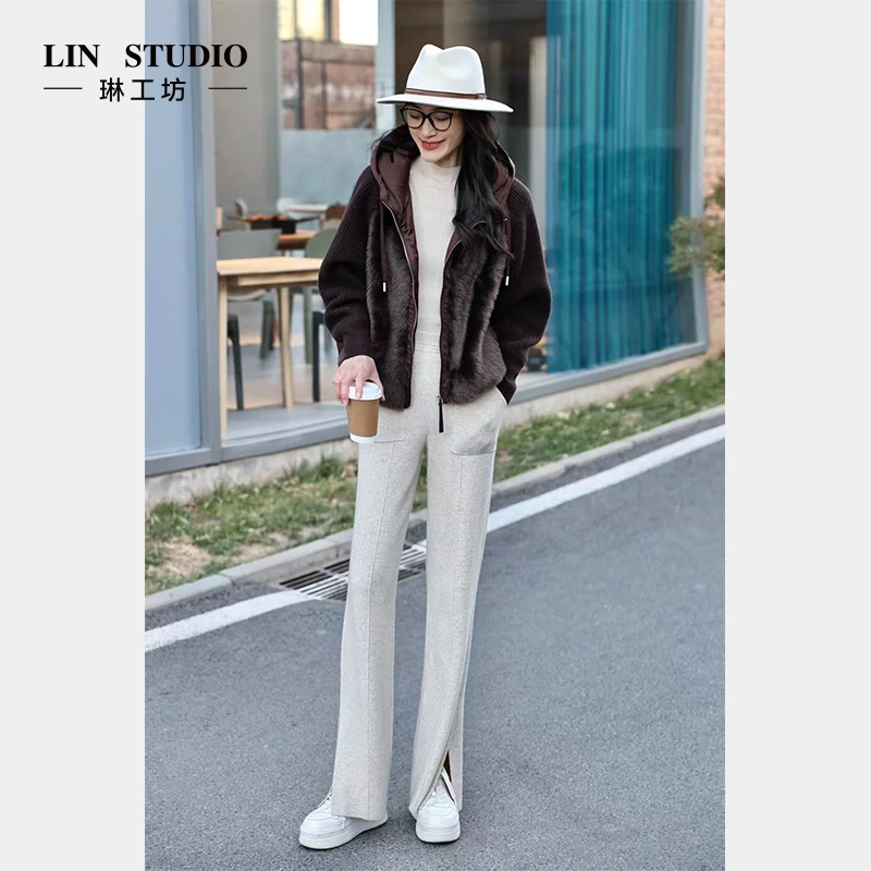 【100%山羊绒】琳工坊“米絮”米色针织裤子气质百搭休闲唐琳设计师