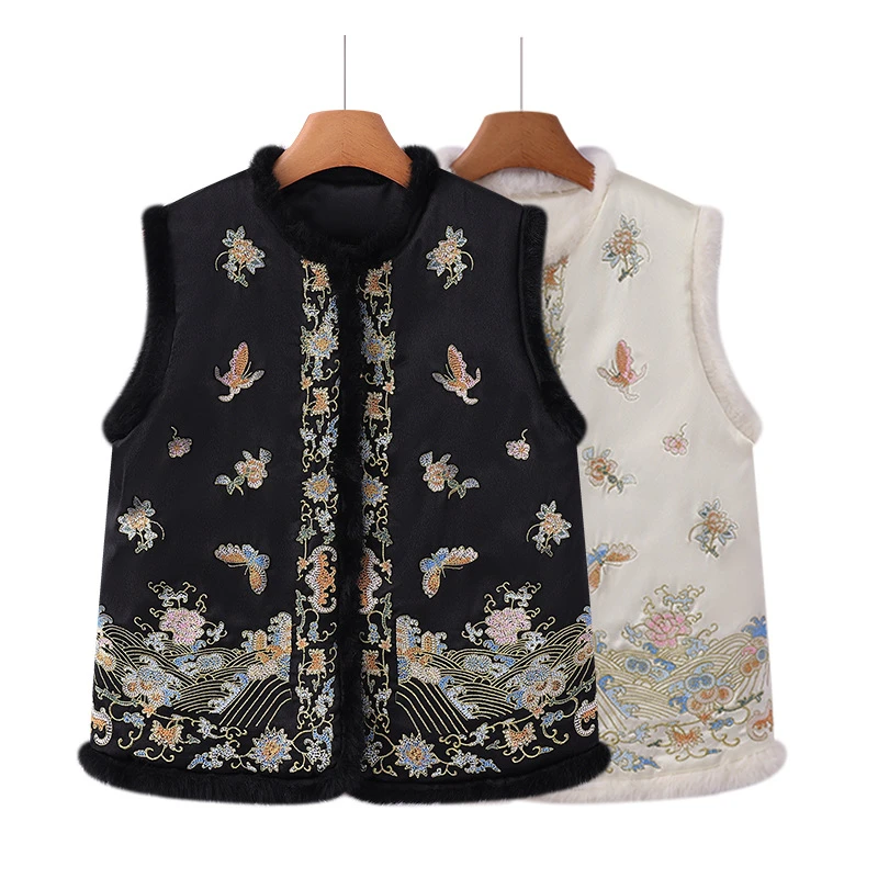 欣辰复古重工立领盘扣时尚刺绣民族国风上衣新中式马甲坎肩背心