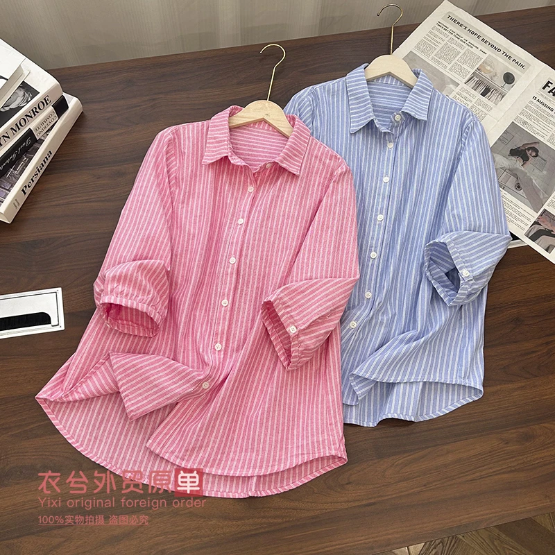 （衣兮高级感条纹亚麻衬衫）957夏季翻领单排扣韩版宽松百搭衬衫H